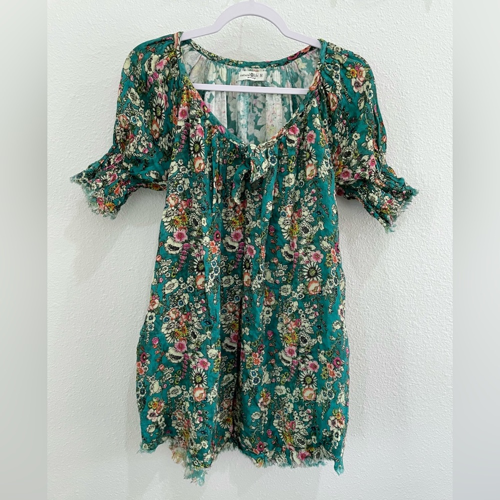 Natural Life Floral Cotton Boho Dress Oversized Dainty Coquette Raw Hem Pockets